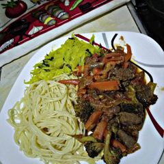 A picture of Broccoli beef with pasta#mashujaarecipe.
