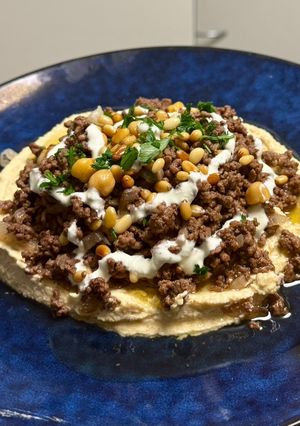 A picture of Hummus Bil Lahme (Lebanese Hummus & Spiced Beef with Whipped Feta).