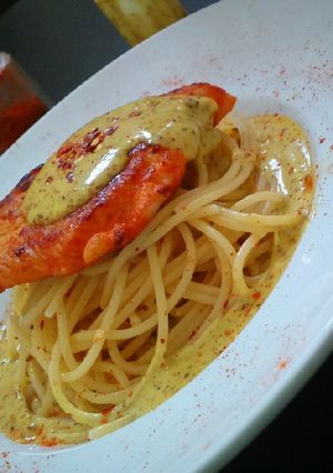 A picture of Pan fried chicken with mustard yoghurt sauce.
