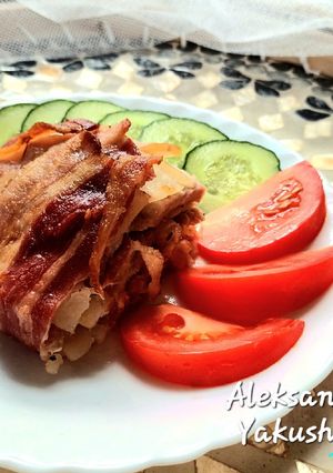 A picture of Potato casserole with pork.
