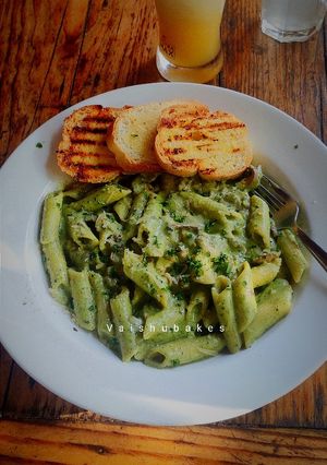 A picture of Penne Pasta with Basil Walnut Pesto.