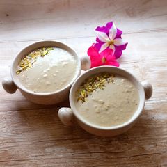 A picture of Rice Kheer with Jaggery.