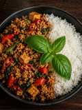 Holy Basil 🌿 Veganes Pad Kra Pao 🔥 Thai Tofu Hack mit Reis und Chilis