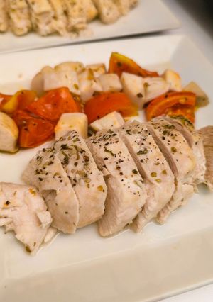 A picture of Air Fryer Low-Fat Meal: Chicken Breast with Roasted Vegetables.
