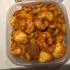 Pasta jollof and shrimp A picture of Pasta jollof and shrimp.
