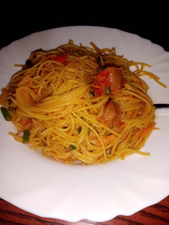 A picture of Fried Spaghetti with Sausage.