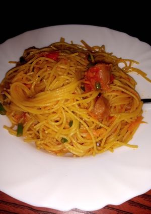 A picture of Fried Spaghetti with Sausage.