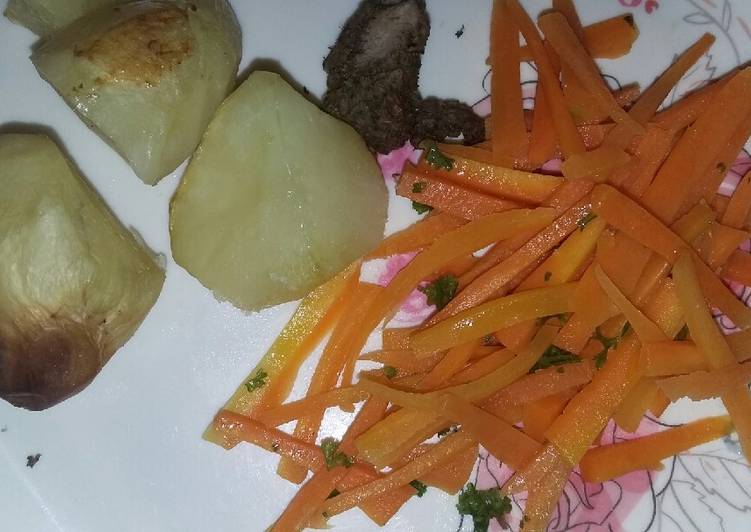 Roast potatoes with buttered carrots