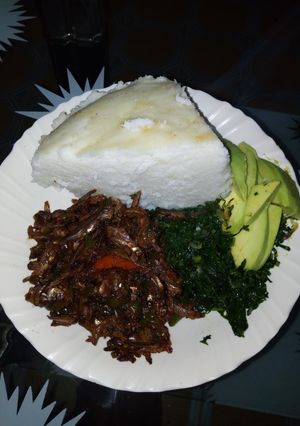 A picture of Ugali,Omena,steamed sukuma wiki.