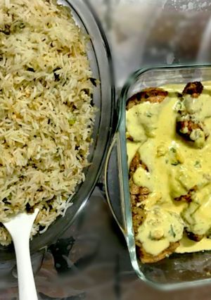 A picture of Cheese Stuffed chicken with Garlic and herb rice #wearetogether.