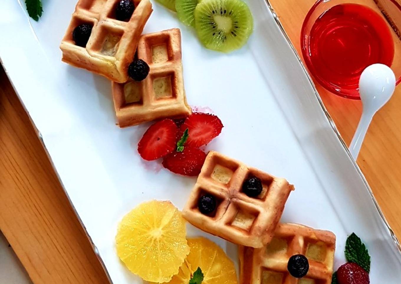 Waffles with fresh fruits & strawberry syrup