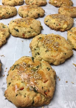 A picture of Turkish Savory Pastry with spinach, red pepper and cheese.