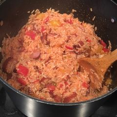 A picture of Kielbasa and Rice.