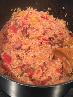A picture of Kielbasa and Rice.