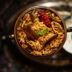 A picture of Vangi Bath / Brinjal Rice.
