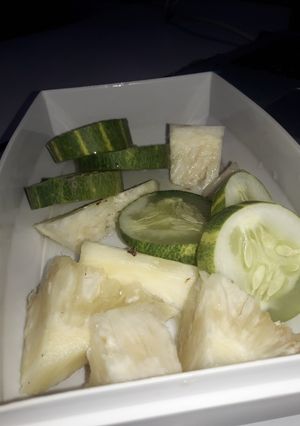 A picture of Pineapple cubes and Circle Cucumber.