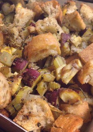 A picture of Sweet Potato and Chestnut Stuffing / Dressing.