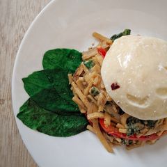 A picture of Chilli Chickpea Noodles with Peanut Sauce and Burrata Cheese.