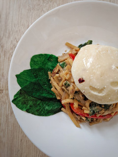 A picture of Chilli Chickpea Noodles with Peanut Sauce and Burrata Cheese.