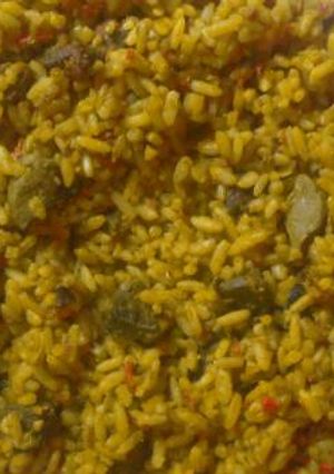 A picture of Okpehe rice and liver.