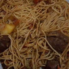 Beef liver with Spaghetti. (Pasta) A picture of Beef liver with Spaghetti. (Pasta).