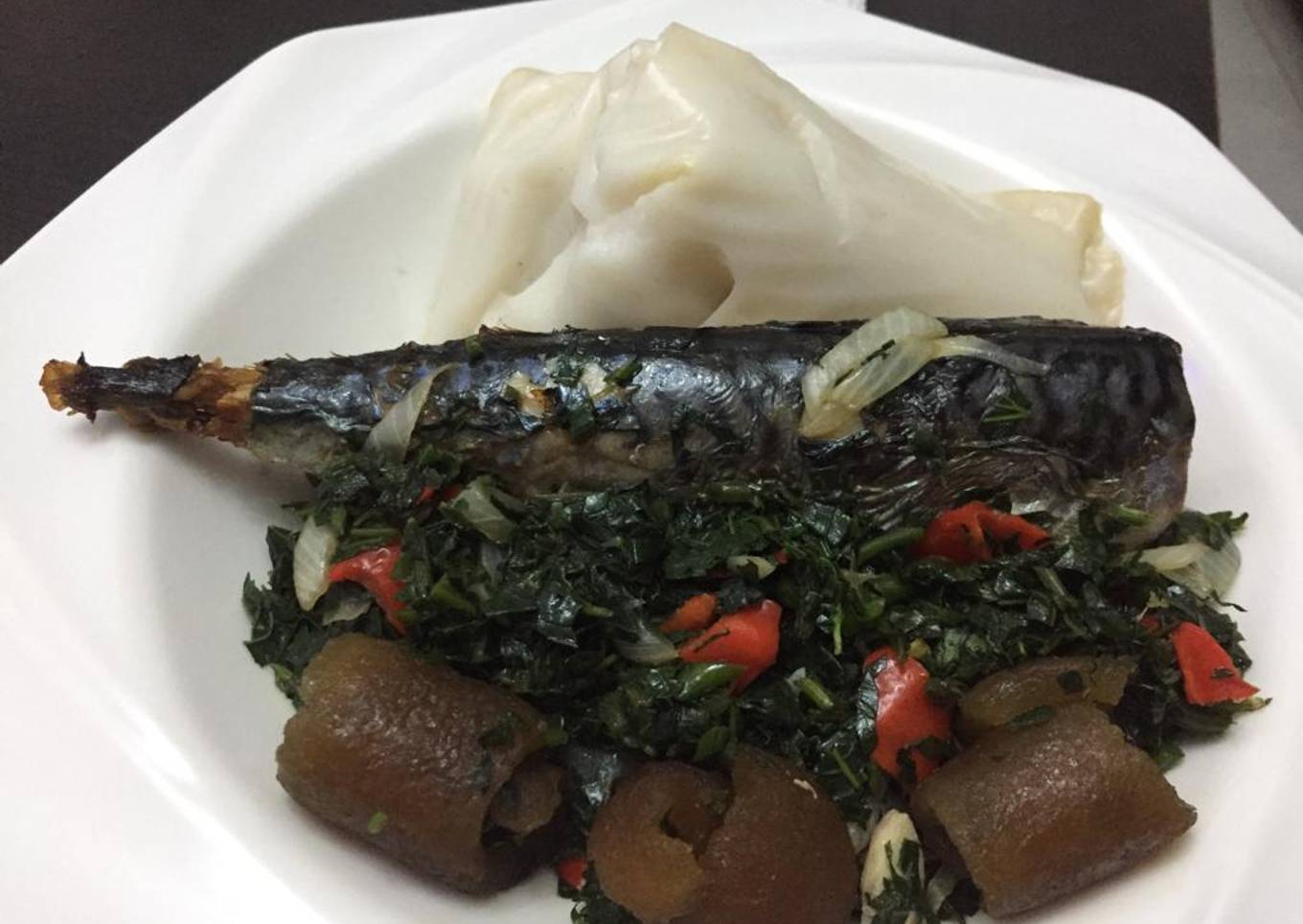 Agidi with fish vegetable sauce