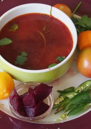 A picture of Beet root Rasam.