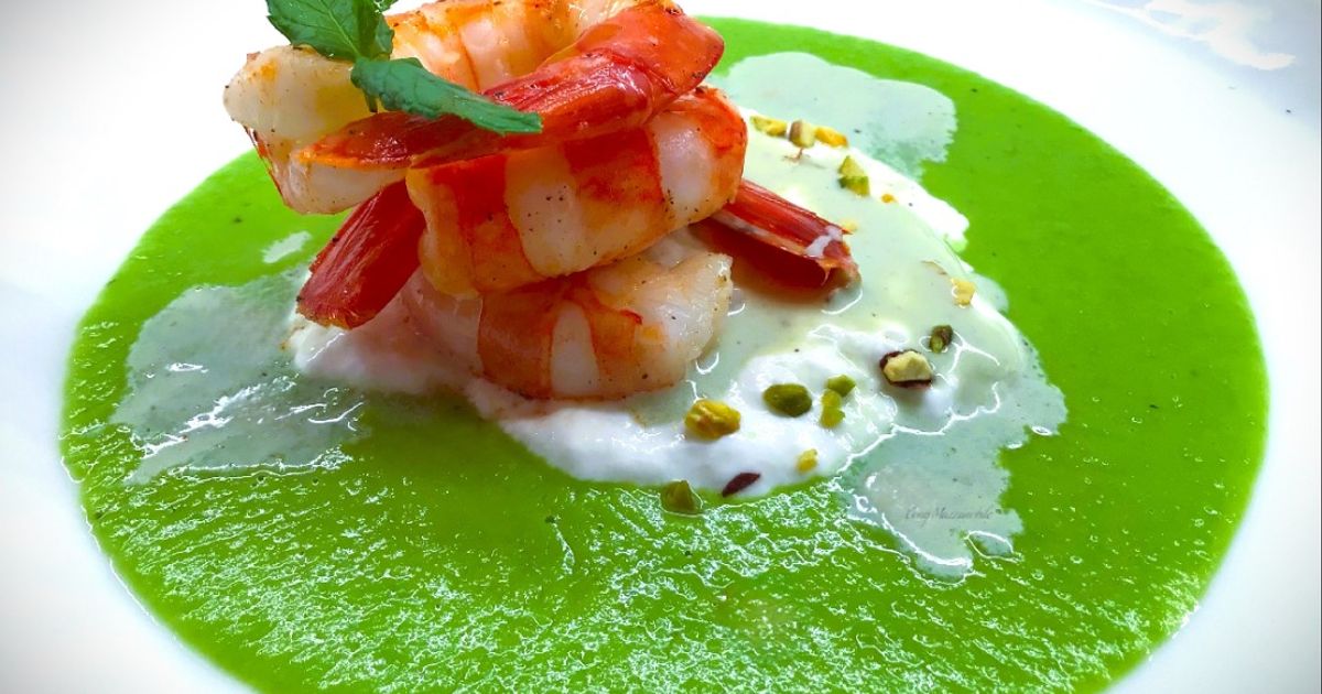 crema di piselli e gamberi cannavacciuolo
