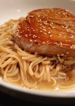 A picture of Teriyaki tuna noodles.