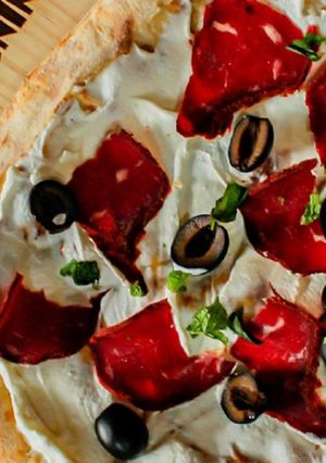 A picture of Labneh and Arabic-Style Pastrami Breakfast Pizza Recipe.
