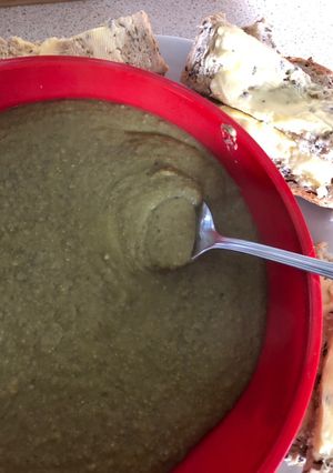 A picture of Spicy Green Lentil and Garden Pea Soup.