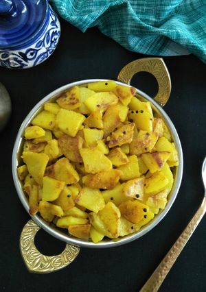 A picture of Batatyaachya kaachryaa (stir fry potato vegetable).