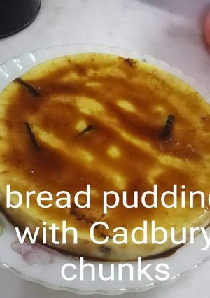 A picture of Without oven bread pudding with Cadbury chocolate chunks.