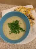 Celariac & Apple soup finished with Rocket...Cheesy Paprika Ciabatta