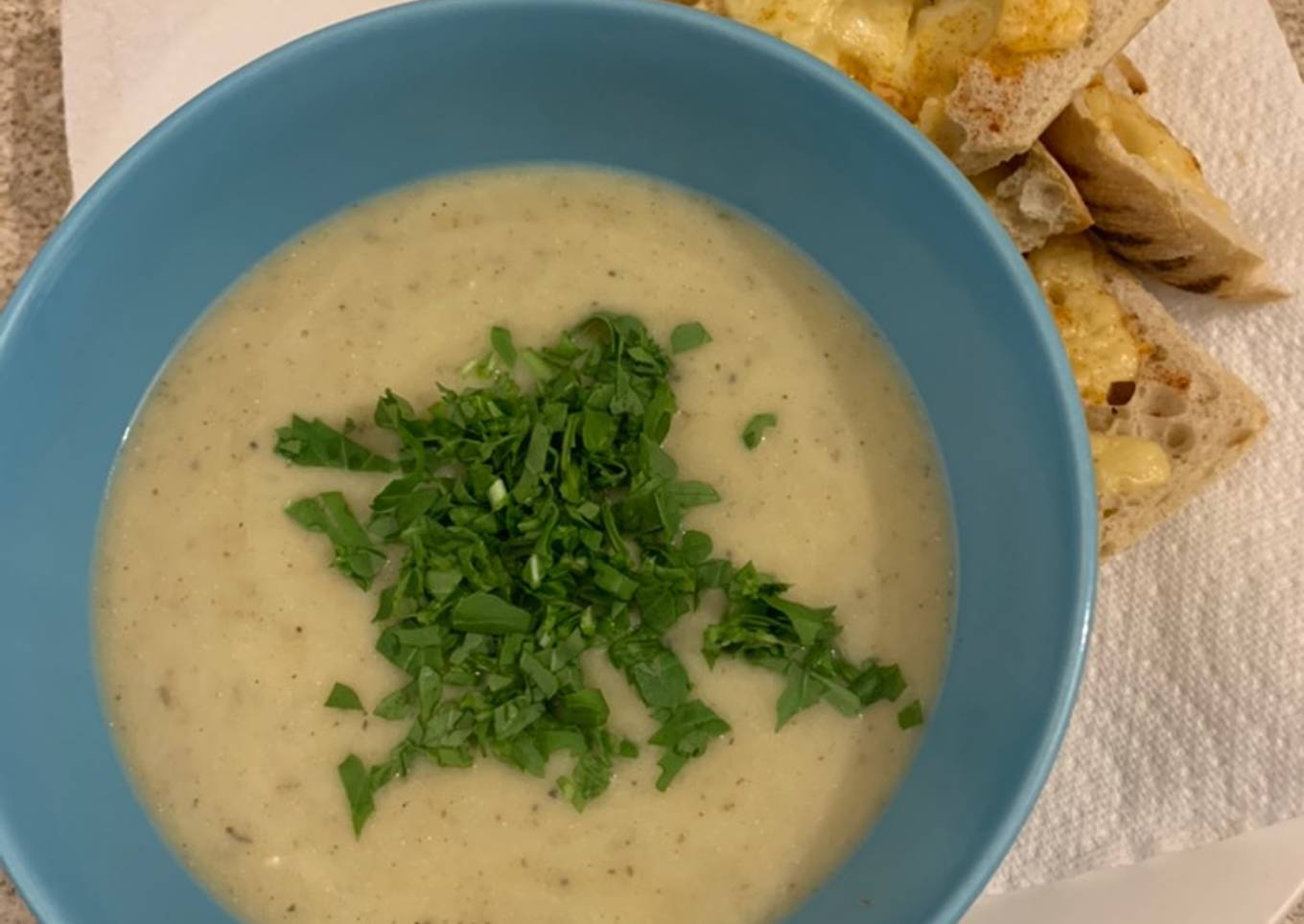 Celariac & Apple soup finished with Rocket...Cheesy Paprika Ciabatta