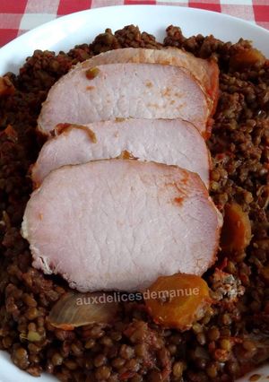 Une photo de Rôti de porc fumé et lentilles au coulis de tomates au Cookéo ou pas