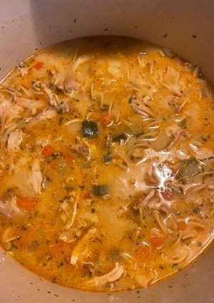 A picture of Creamy chicken noodle soup.