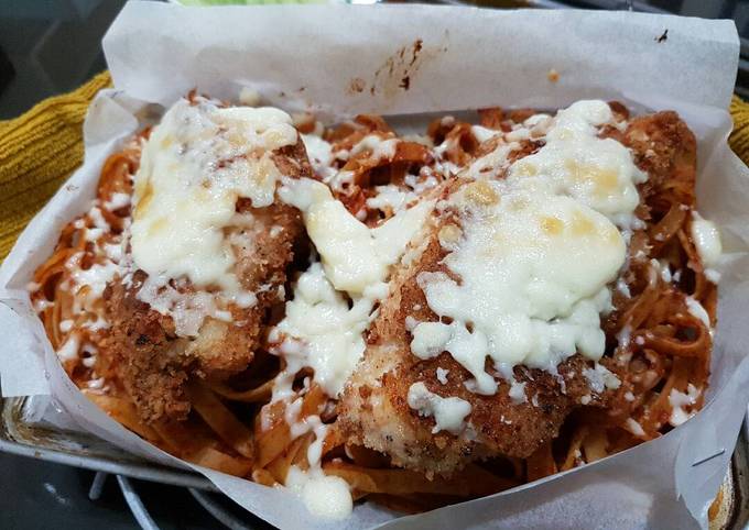 Easiest Way to Prepare Homemade Breaded Parmesan Chicken w/ Mozzarella Pan Pasta (Toaster Oven)