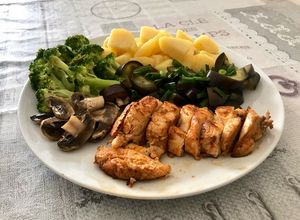 Hình của món Ức gà áp chảo (rau củ quả luộc tuỳ ý).