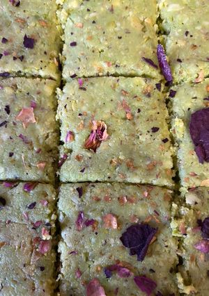 A picture of Badam pista barfi (almond and pistachio fudge.