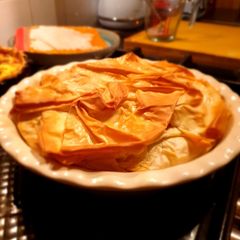 A picture of Left over turkey and gammon and leek fila pie.