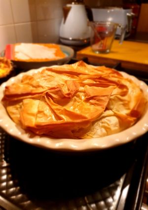 A picture of Left over turkey and gammon and leek fila pie.