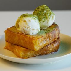 A picture of Sweet and Slightly Bitter Matcha Dessert Like a Café | Egg Toast with Matcha Powder and Icecream 🍃🍨🍞.