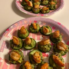 A picture of Guacamole Shrimp Cucumber Bites.
