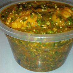 A picture of Ogbono and Okra soup with catfish.
