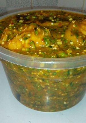 A picture of Ogbono and Okra soup with catfish.