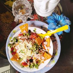 A picture of Cheese Nachos with salsa.