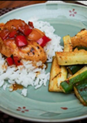 A picture of Apricot Chicken and Rice.