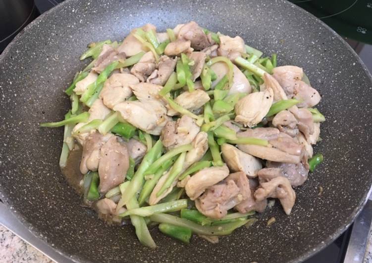 Chinese stir-fried chicken and broccoli stems