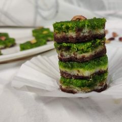 A picture of Triple layer pista Coconut chocolate Burfi.